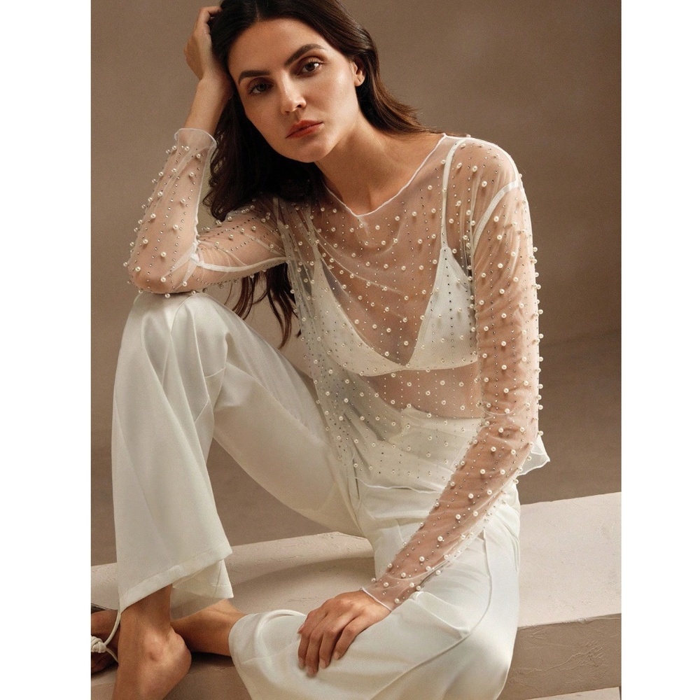 Beaded White Sheer Mesh Long Sleeve Shirt with Faux Pearls and Sparkles - Picture 4 of 10